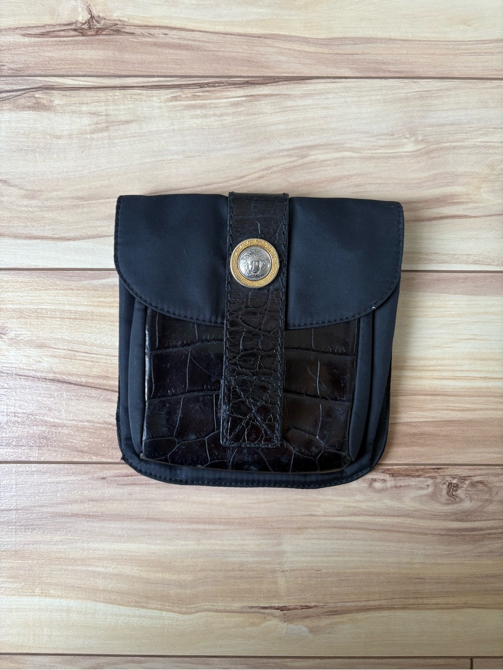 Vintage Gianni Versace Medusa Medallion Black Nylon and Croc-embossed pouch bag